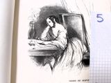 le dessin d'une femme assise à une table, tiré d'un livre