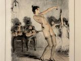 drawing of a nude woman dancing in a dance studio with other dancers