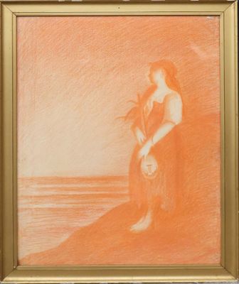 an image of a painting of a woman sitting on a beach