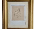 un dessin représentant une femme assise sur une chaise, dans un cadre doré