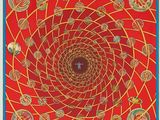 une image représentant un foulard carré rouge et jaune orné d'un motif circulaire