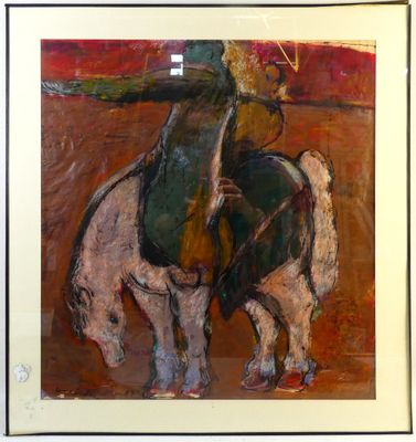 tableau représentant un homme à cheval, avec un chien devant lui