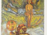a painting of a woman sitting on a bed next to a pomegranate
