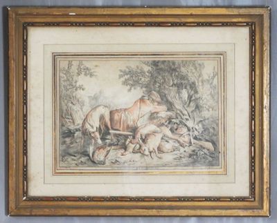 framed picture of a painting of a horse and a dog in a wooded setting