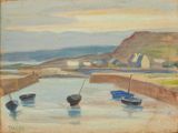 three boats that are sitting in the water by the shore