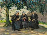 painting of three women sitting on a bench under a tree