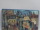 painting of a painting of a street scene with a horse drawn carriage in the foreground