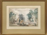 an image of a painting of a man and a dog in a wooded area