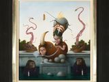 painting of a man and a woman sitting on top of a table next to each other