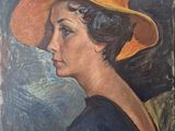 tableau représentant une femme portant un chapeau jaune et une robe bleue