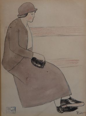 drawing of a woman sitting on a bench wearing a hat and coat