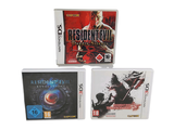 Trois jeux vidéo sont présentés sur un fond blanc : Resident Evil, Resident Evil et Resident Evil.