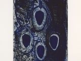 an image of a blue and white drawing of four vases on a table