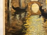 a painting of a gondola on the water with a bridge in the background