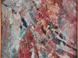 une peinture à l'huile représentant une femme en robe rouge tenant une épée