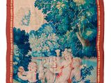 an image of a tapestry with a picture of a boy and a girl riding a horse