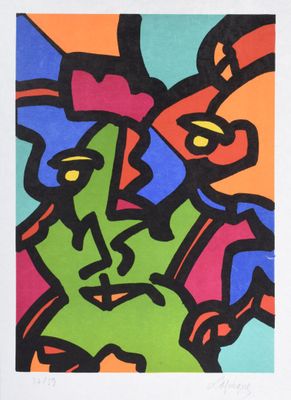 un tableau représentant un homme au visage coloré sur fond blanc