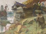 un tableau représentant un homme avec un mouton et un bateau