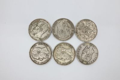 Ensemble de six pièces de 5 francs en argent Belgique Léopol…