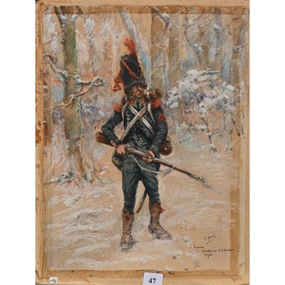 un tableau représentant un homme en uniforme tenant un fusil dans la neige
