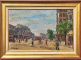 une peinture à l'huile représentant une scène de rue en ville avec des passants marchant sur le trottoir