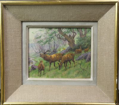 une image représentant un tableau montrant un troupeau de cerfs dans un champ