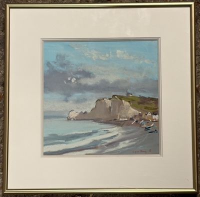 painting of a beach scene with boats and cliffs in the distance