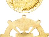 two gold medals with a shield and shield on top of them