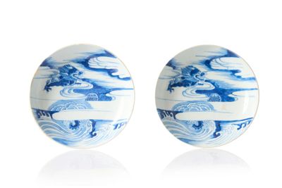 paire de boucles d'oreilles en porcelaine bleue et blanche représentant un dragon sur une vague