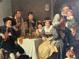 painting of a group of people sitting around a table with a dog in front of them