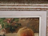a painting of a little girl looking at a vase of flowers