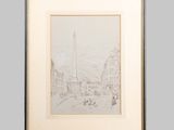 a drawing of a street scene with buildings and a tower in the background