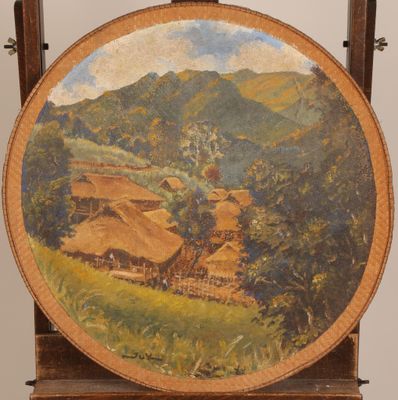an image of a painting of a rural scene on a wooden easel
