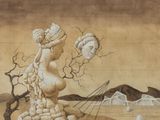 une image représentant un tableau où l'on voit une femme assise sur un rocher au milieu du désert