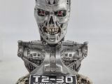a close up of a busturine of a robot with red eyes