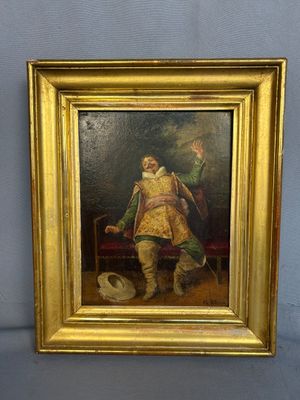 an old painting of a man with a hat in a gold frame