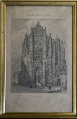 an old drawing of a large building with a clock on the front of it