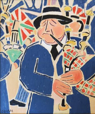 une image représentant un tableau d'un homme jouant de la cornemuse