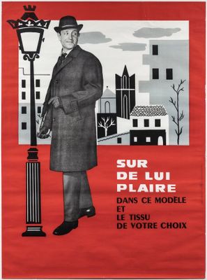 an old poster of a man in a coat and hat standing next to a lamp post