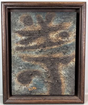 a painting of a brown frame with a blue and brown design