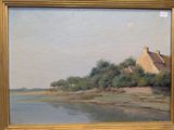 an oil painting of a house by the water with a full moon in the sky