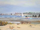 a painting of a beach scene with a sailboat in the water