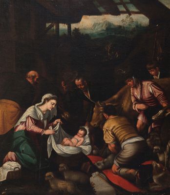 une image représentant une peinture d'une crèche avec un bébé dans la crèche