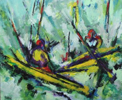 abstract painting of two people in a canoe on a lake