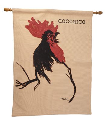 une image représentant un coq accroché à un mur, sur laquelle est inscrit le mot « cocoricco »
