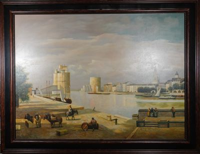 une peinture représentant une peinture d'une ville au bord de l'eau
