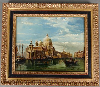 tableau représentant une vue de Venise avec des gondoles et une église