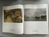 a book open to a picture of a street with a horse drawn carriage