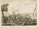an engraving of a battle between two men and a horse