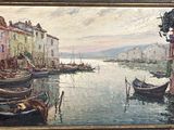 a painting of a harbor scene with boats on the water